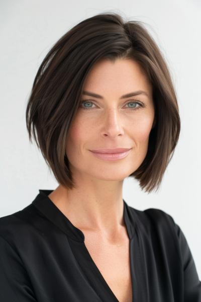 Chic Angled Bob in Short Hairstyles for Women Over 40 for a modern and stylish appearance.