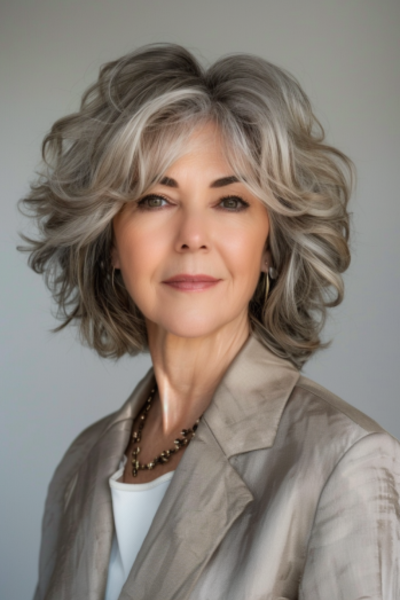 Voluminous Layered Bob Shag Hairstyles for Women Over 50 with textured ends.