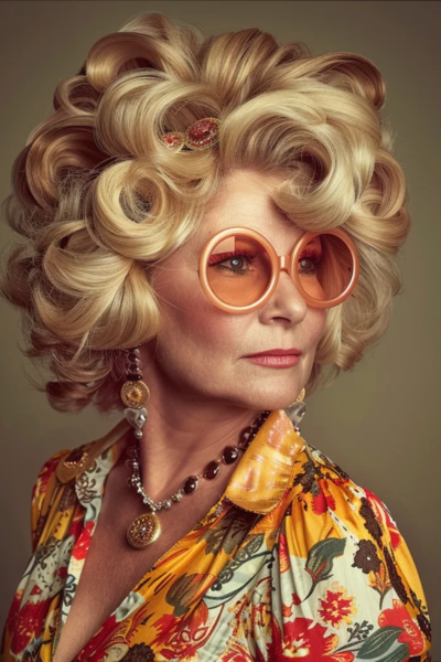 Retro-Inspired Shag Hairstyles for Women Over 50 with voluminous curls and '70s flair.