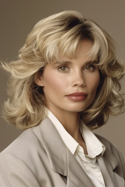 Elegant Shag Hairstyles for Women Over 50 with curtain bangs for a modern, sophisticated look.