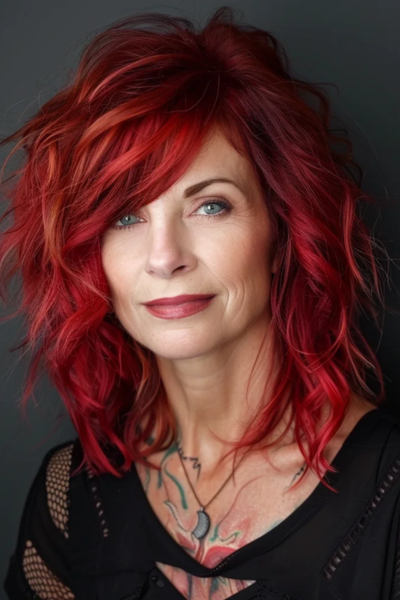 Bold Vibrant Red Shag Hairstyles for Women Over 50 with fiery layered hues.