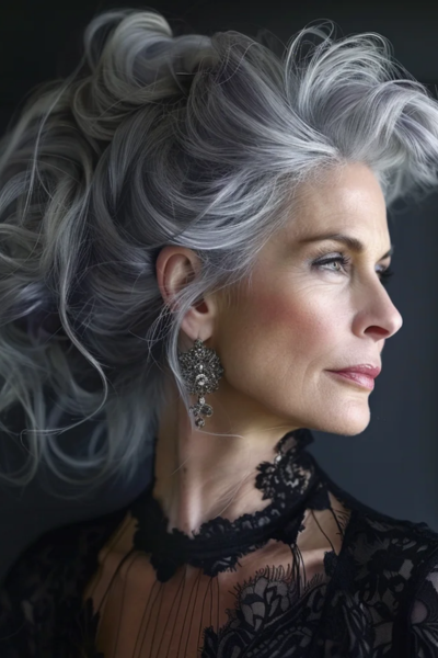 Graceful Silver Fox Shag Hairstyles for Women Over 50 celebrating natural silver tones.