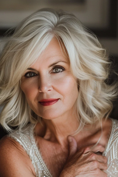 Alluring Blonde Bombshell Shag Hairstyles for Women Over 50 with playful light layers.