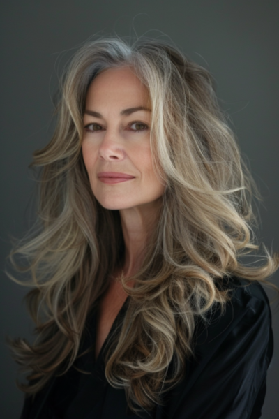 Elegant Long Layered Shag Hairstyles for Women Over 50 with flowing texture and movement.