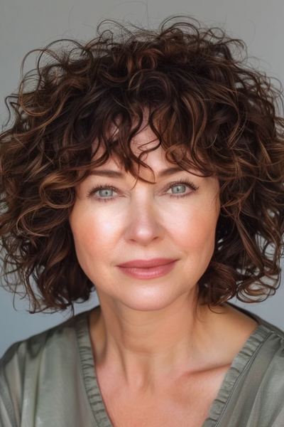 Curly Shag Hairstyles for Women Over 50 with voluminous bangs to enhance natural curls.