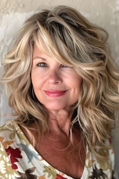 Radiant Sun-kissed Shag Hairstyles for Women Over 50 with natural-looking highlights for added dimension.