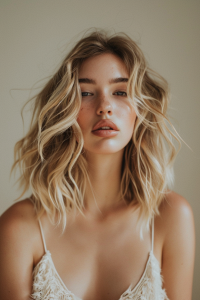 Honey and Ash Blonde Layered Lob in Medium-Length Layered Haircuts showcasing elegant soft waves.