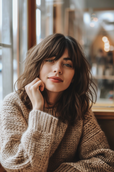 Tousled Layers with Curtain Bangs in Medium-Length Layered Haircuts for a relaxed, stylish look.