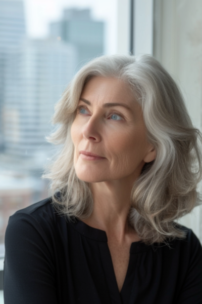 Sleek Shag Hairstyles for Women Over 50 with angled layers for a refined look.