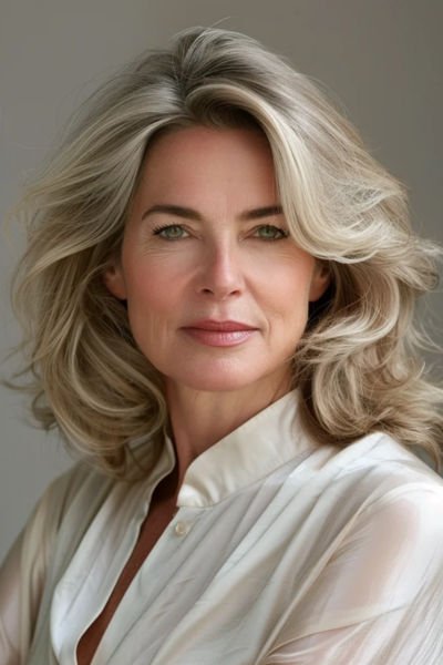 Gentle Soft Feathered Shag Hairstyles for Women Over 50 with face-framing layers.