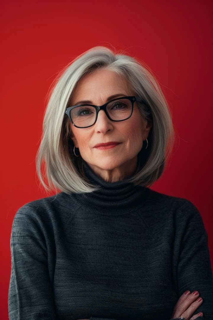 Elegant older woman with silver hair styled in a sleek angled bob, perfect as a medium length hairstyle for women over 60, against a red background.