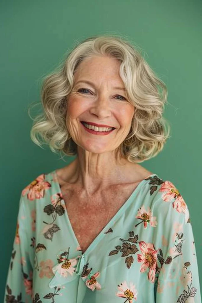 Mature woman with beach waves bob hairstyle, featuring light grey tones, a playful medium length hairstyle for women over 60, against a green background.