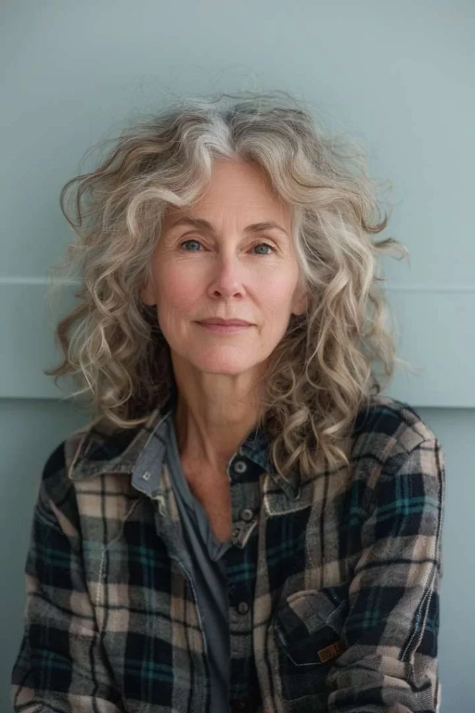 Mature woman with casual curly layers, a relaxed medium length hairstyle for women over 60, styled in gray curls.