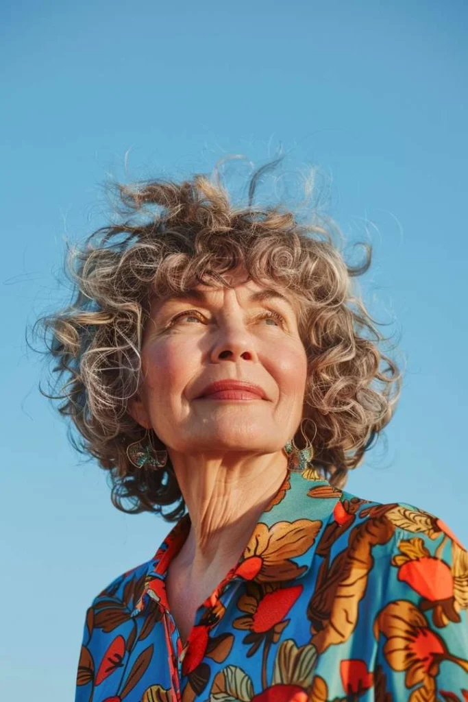 Elderly woman with curly hair and fringe, a charming medium length hairstyle for women over 60, posed against an orange backdrop.