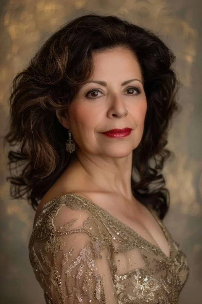 Elegant older woman with Hollywood waves, a glamorous medium length hairstyle for women over 60, dressed in a golden gown.