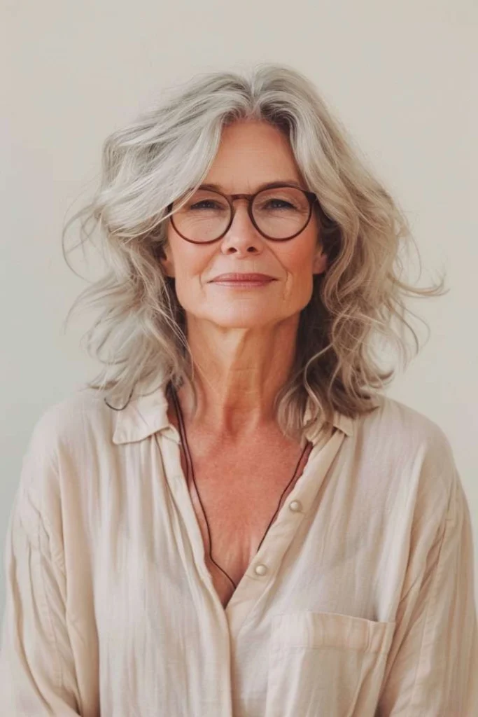 Older woman with a layered lob and middle part, a modern medium length hairstyle for women over 60, styled in silver hair against a beige background.