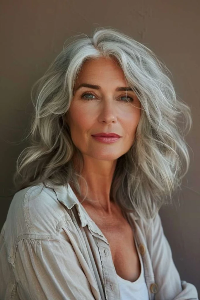 Graceful senior woman with a layered wavy lob, an ideal medium length hairstyle for women over 60, styled in light grey against a soft brown background.