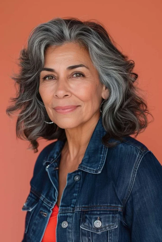 Confident mature woman with a medium shag hairstyle, a casual yet stylish medium length hairstyle for women over 60, smiling against an orange background.