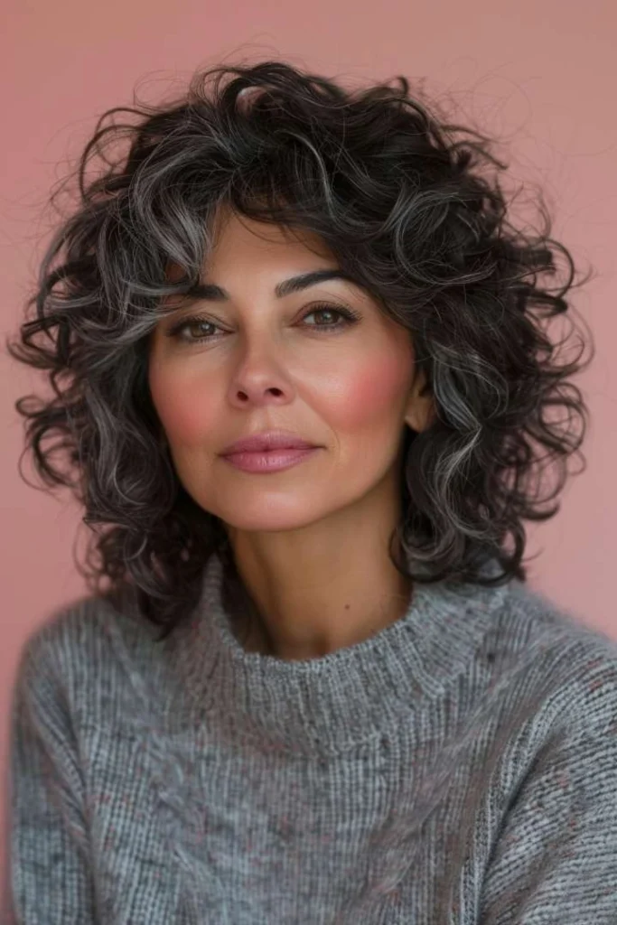 A woman over 60 with a mid-length curly cut enhanced with highlights, a popular choice for medium length hairstyles for women over 60.