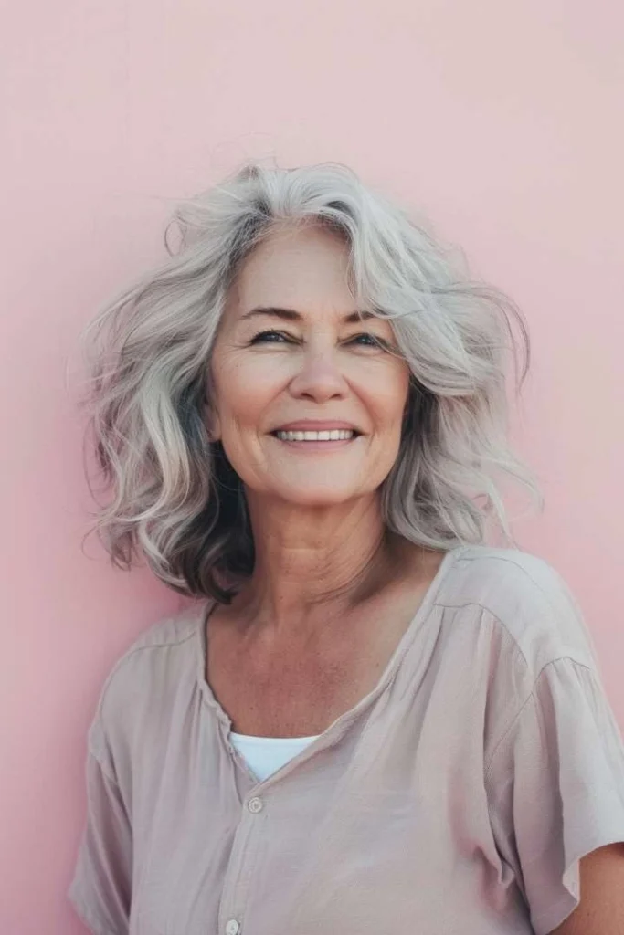 Mid-length feathered cut on a woman over 60, a stylish and airy medium length hairstyle for women over 60.