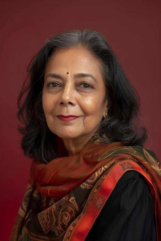 Elderly South Asian woman with pin-straight medium-length hair, a refined hairstyle choice for women over 60, adorned with a traditional red bindi, set against a deep red background.