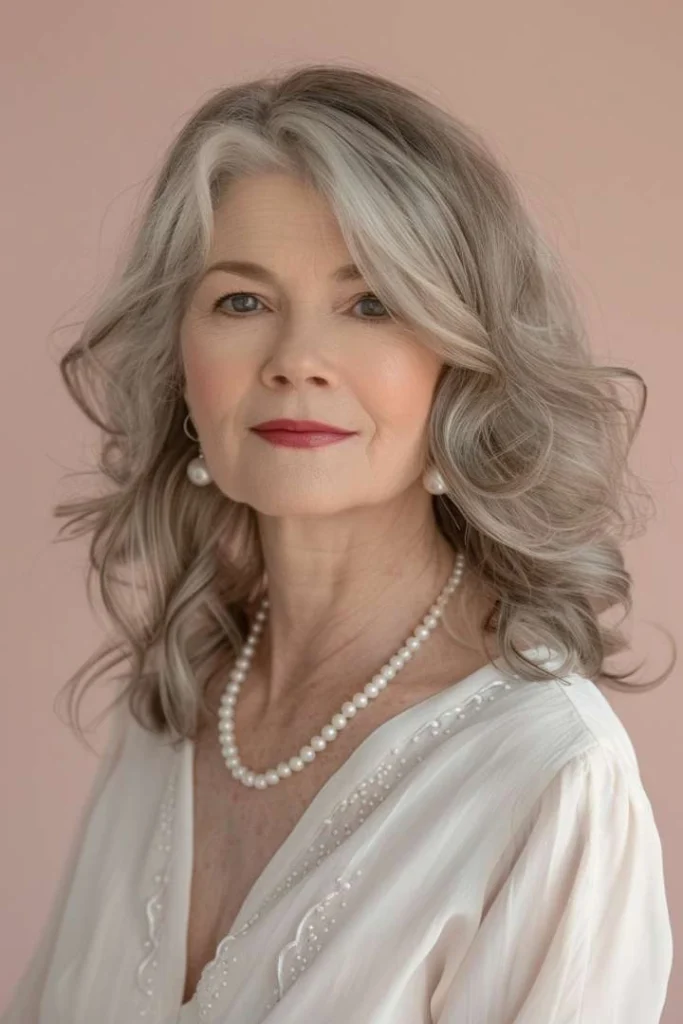 Senior woman with S-wave layers, a sophisticated medium length hairstyle for women over 60, dressed in a white dress with pearls.