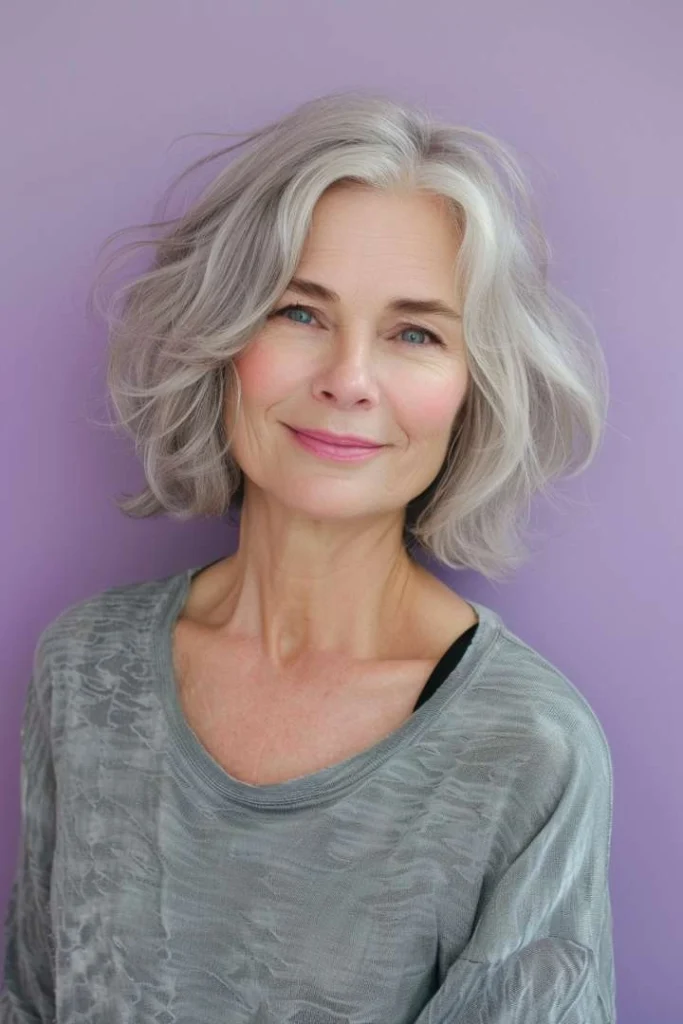 Elegant mature woman with a stylish uneven layered bob, perfect as a medium length hairstyle for women over 60.