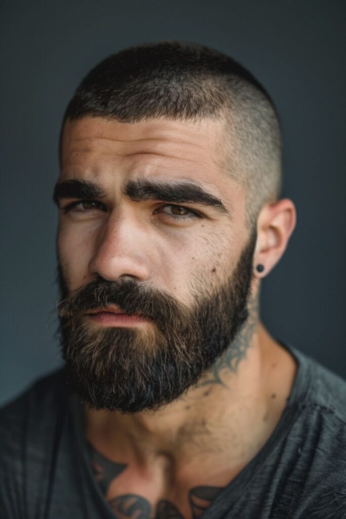 Crew Cut with Beard in Short Haircuts for Men for a rugged, masculine style.