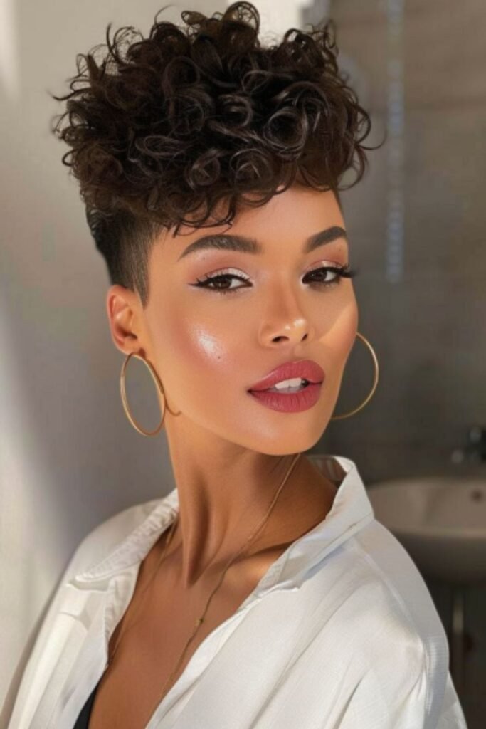 A curly high top fade with short sides and back, and a high, voluminous top, offering a modern twist on a retro short curly hairstyle.