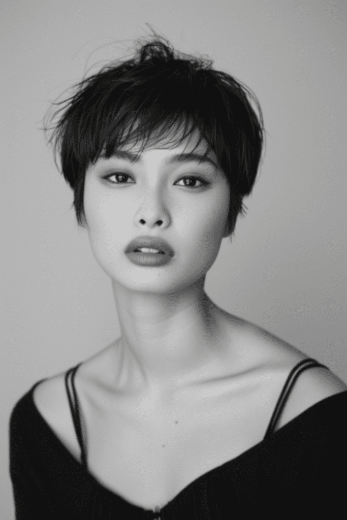 Short pixie haircuts with long, sweeping bangs framing the face for a feminine twist.