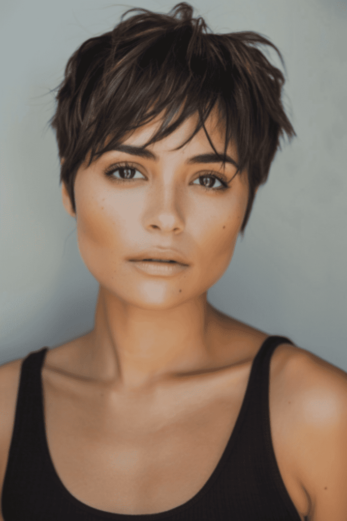 Short pixie haircuts with straight-across bangs for a bold and defined look.