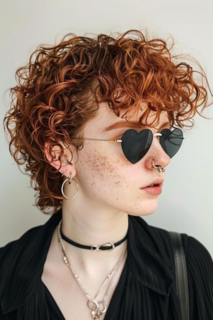 A curly mullet featuring short hair in the front and sides, with longer curls at the back, offering a fun and retro-inspired short curly hairstyle.