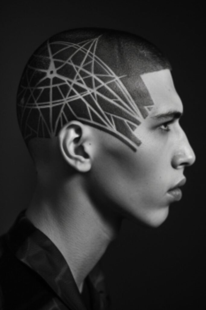 Layered Buzz Cut with Geometric Design in Short Haircuts for Men for an edgy, artistic style.