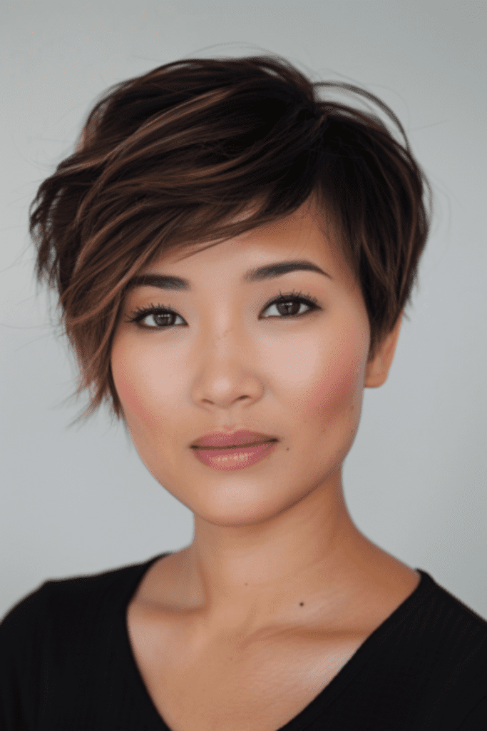 Short pixie haircuts with layers and highlights for a vibrant look.