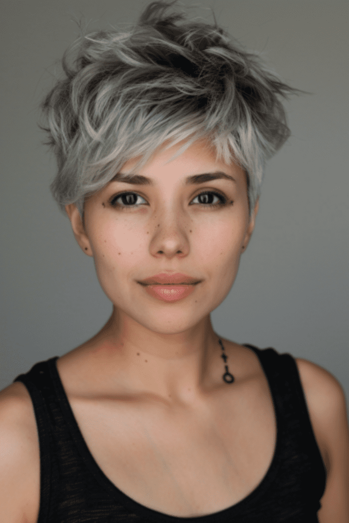 Short pixie haircuts with silver color and shaggy layers for a trendy look.