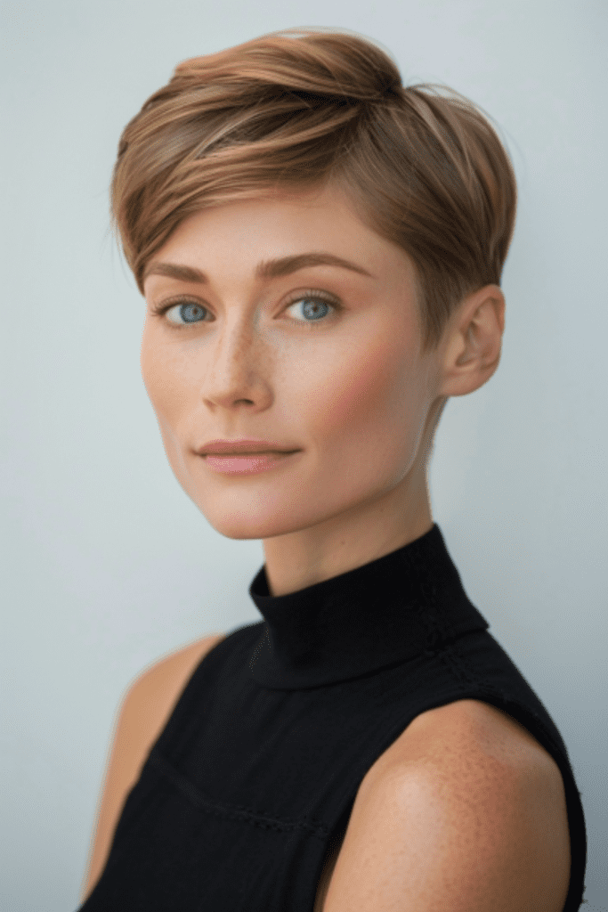 Short pixie haircuts with a deep side part for sophistication and style.