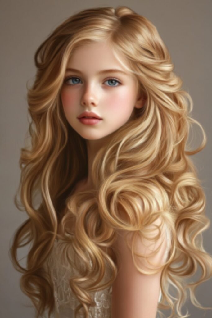 Cascading curls, a romantic and voluminous style in long hairstyles for school.