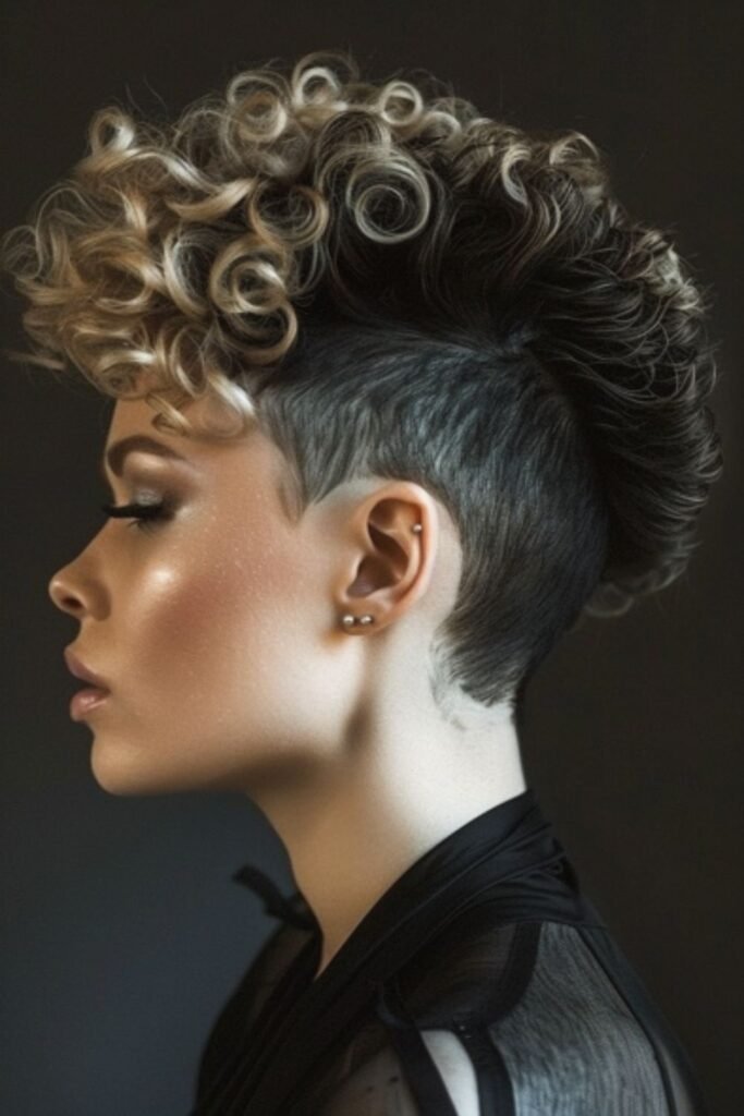 A bold curly mohawk or fauxhawk with longer curls on top and closely cropped sides, showcasing a daring short curly hairstyle.