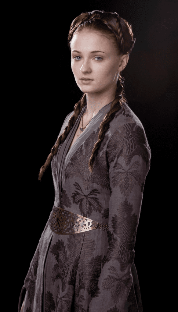 Sansa Stark wearing Northern braids symbolizing practicality and resilience.