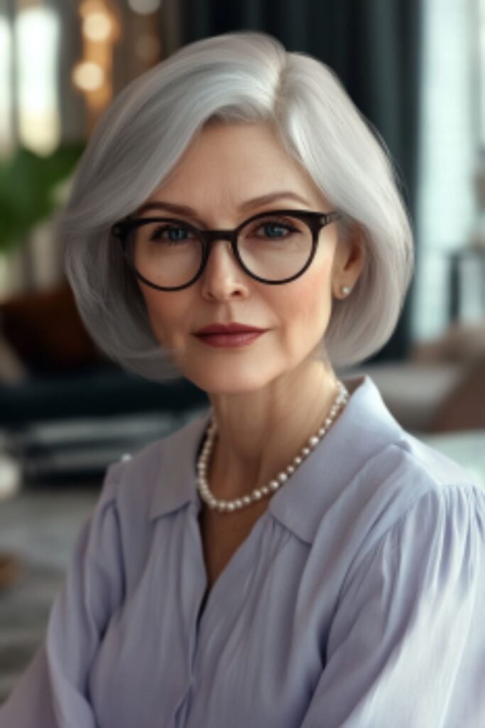 Angled bob in hairstyles for women over 60 with round faces and glasses, ideal for a chic, manageable look.