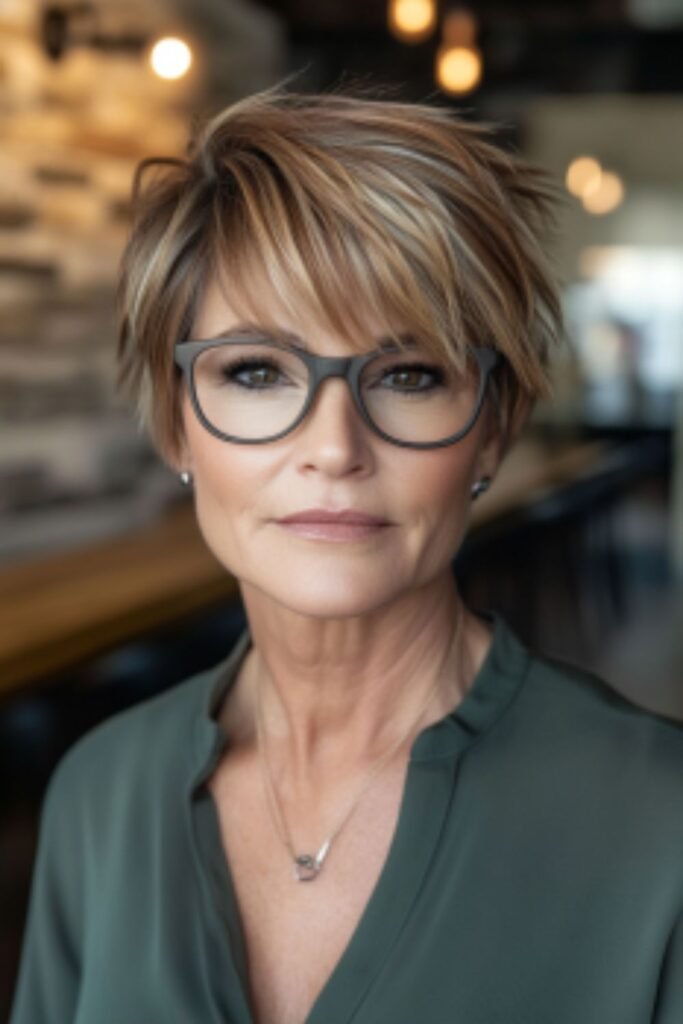 Layered pixie with highlights in hairstyles for women over 60 with round faces and glasses, creating depth and volume.