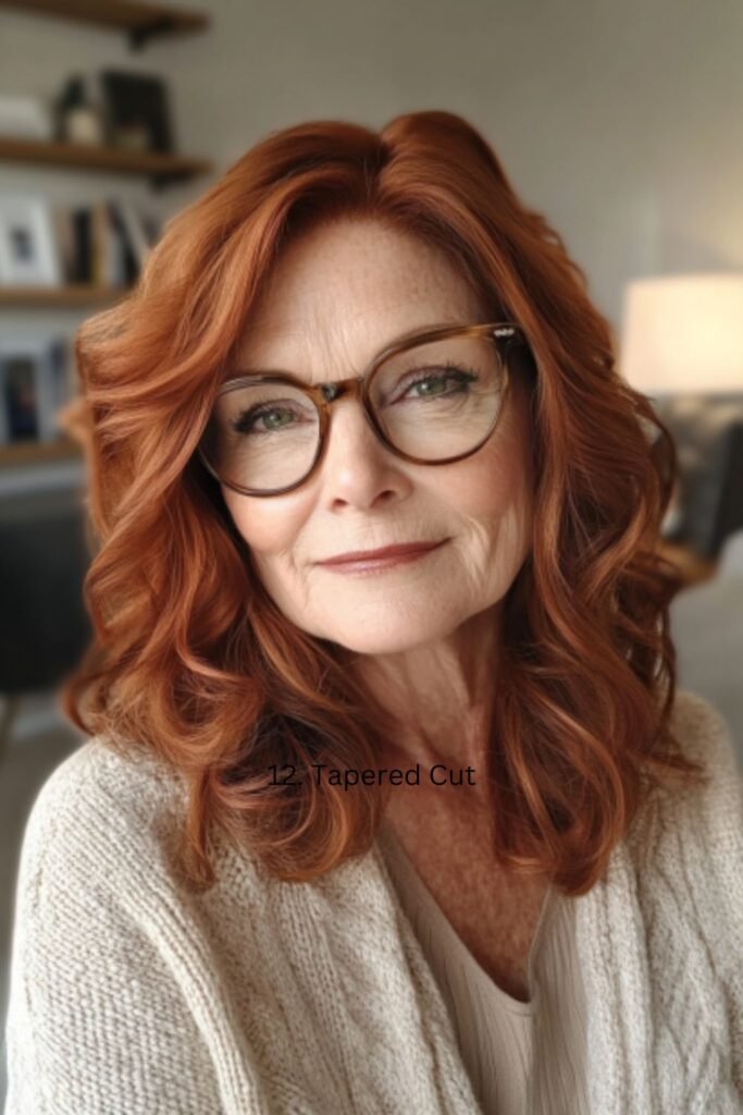 Side-parted long bob with curls in hairstyles for women over 60 with round faces and glasses, offering an effortless, elegant look.