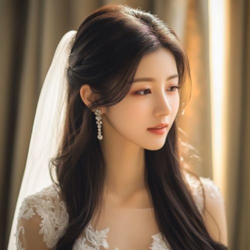 Straight Sleek Hair with a Center Part in Top 20 Korean Bridal Hairstyles for a minimalist bridal look.