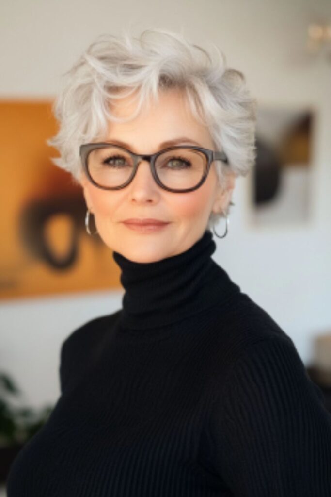 Tapered cut in hairstyles for women over 60 with round faces and glasses, offering a stylish, easy-to-maintain option.