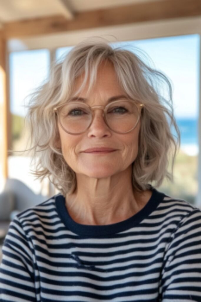 Shaggy lob in hairstyles for women over 60 with round faces and glasses, perfect for a cool, textured appearance.