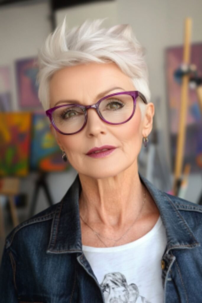 Short spiky pixie in hairstyles for women over 60 with round faces and glasses, adding personality and volume.