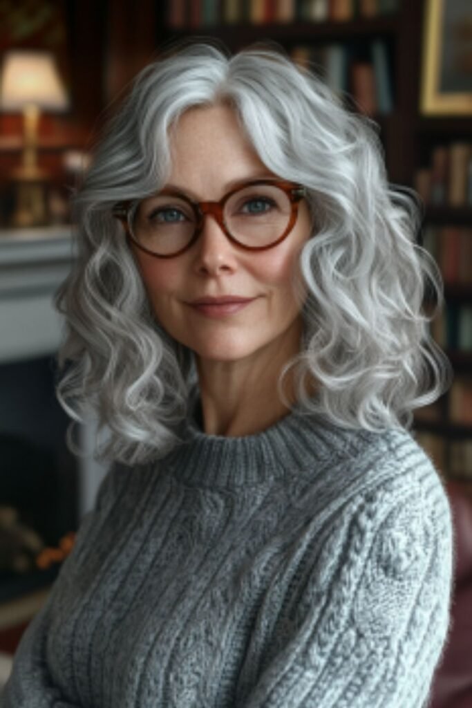 Shoulder-length gray curls in hairstyles for women over 60 with round faces and glasses, offering volume and vibrancy.