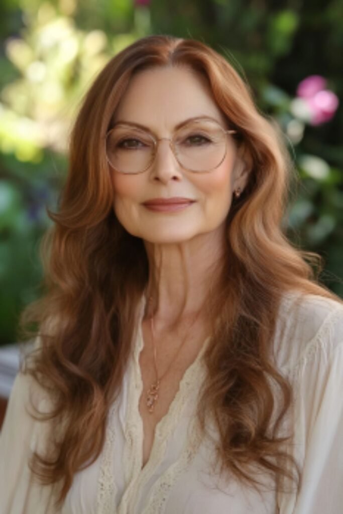 Long wavy hair in hairstyles for women over 60 with round faces and glasses, providing a timeless and feminine appearance.