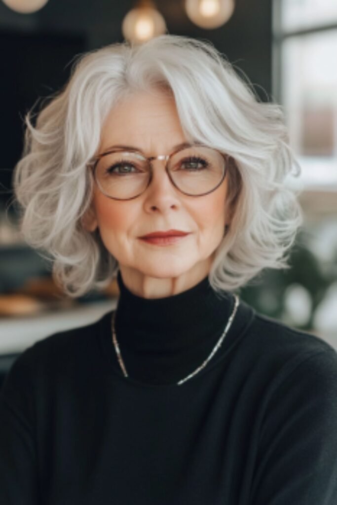 Silver wavy bob in hairstyles for women over 60 with round faces and glasses, embracing natural gray with a modern twist.