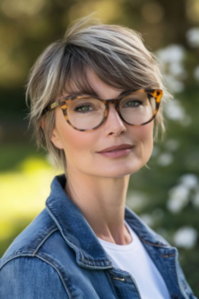 Pixie cut with side-swept bangs in hairstyles for women over 60 with round faces and glasses, enhancing cheekbones and eyes.